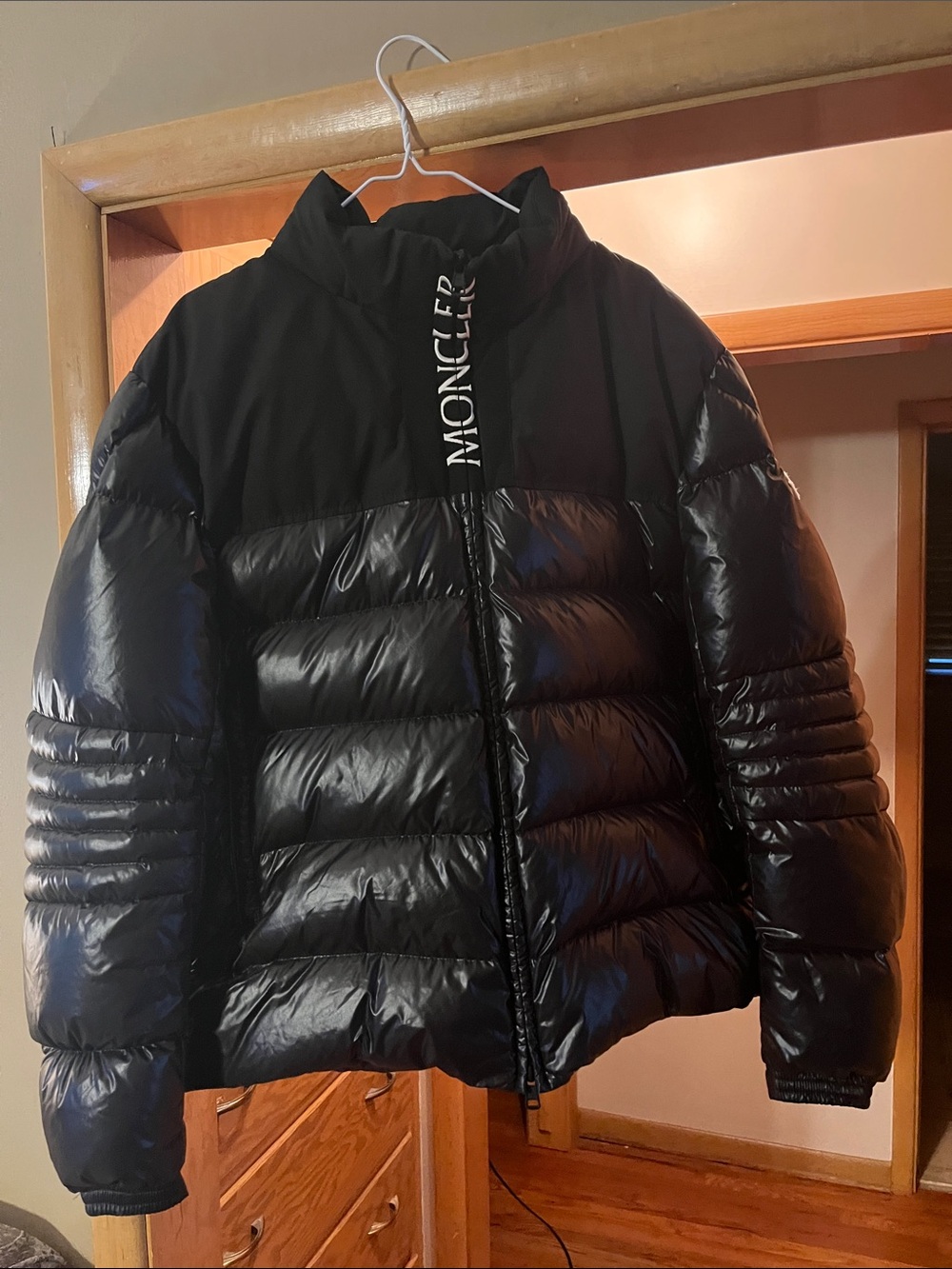 Moncler Black Quilted Shiny Puffer Jacket with Logo Placket